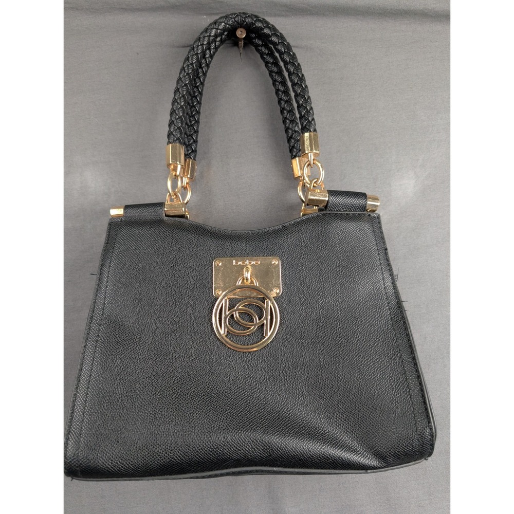 Bebe Black Faux Leather Satchel Handbag Gold Logo‎ Braided Handles